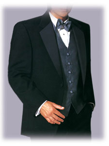 formal wear (formalwear) single breasted tuxedo coat, vest, bowtie, tux shirt and tux pants